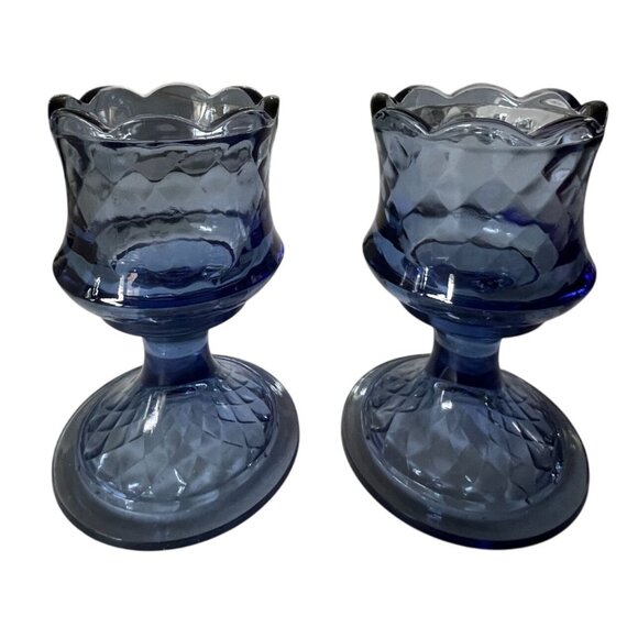 Vtg 2 Fenton Blue Pedestal Glass Candle Holders Diamond Optic Scalloped Rim - Picture 3 of 12